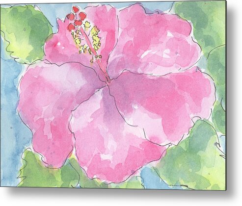 Watercolor Metal Print featuring the painting Pink Hibiscus by Marcy Brennan