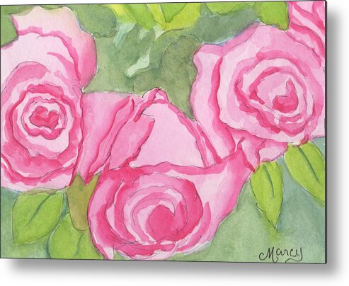 Watercolor Metal Print featuring the painting Pink Roses by Marcy Brennan