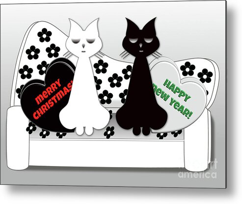 Christmas Metal Print featuring the digital art Christmas Cats Black and White Cartoon by Barefoot Bodeez Art