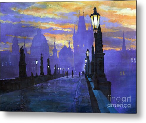 Acrilic On Canvas Metal Print featuring the painting Prague Charles Bridge Sunrise by Yuriy Shevchuk