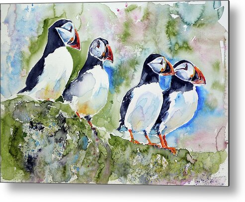 Puffin Metal Print featuring the painting Puffins on stone by Kovacs Anna Brigitta