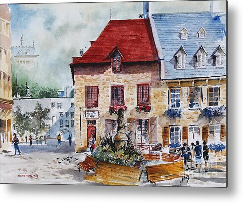 Mid Morning In A Courtyard In Quebec City Metal Print featuring the painting Quebec City Flower Boxes by Monte Toon