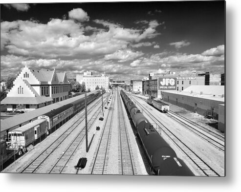 Rails Metal Print featuring the photograph Railway to Infinity in black and white. Color version available by Darrell Young