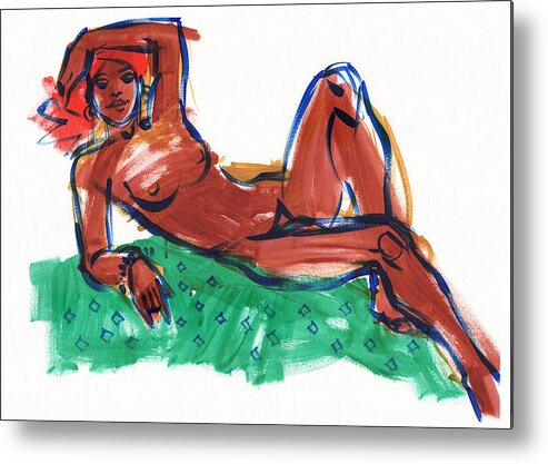 Figure Study Metal Print featuring the painting Reclining Woman with Red Head Scarf by Judith Kunzle