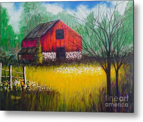 #barns #country #landscapes #red #trees #fences Metal Print featuring the painting Red Barn by Allison Constantino