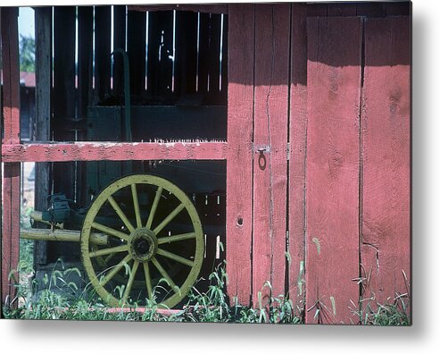 Amish Metal Print featuring the pyrography Red Barn and Wagon Wheel by DArcy Evans