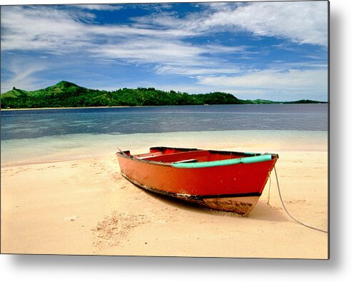 Fiji Metal Print featuring the photograph Red Boat on Beach by Richard Steinberger