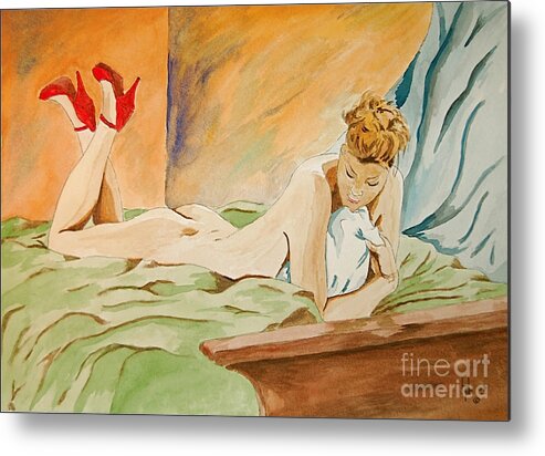 Nude Metal Print featuring the painting Red Shoes by Herschel Fall