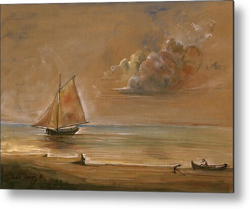 Arctic Seascape Metal Print featuring the painting Sailing ship at sunset by Juan Bosco