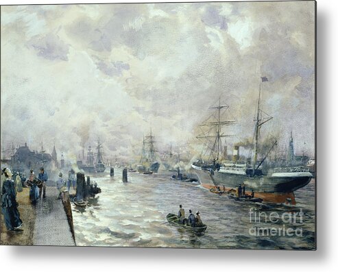 Sailing Metal Print featuring the painting Sailing Ships in the Port of Hamburg by Carl Rodeck