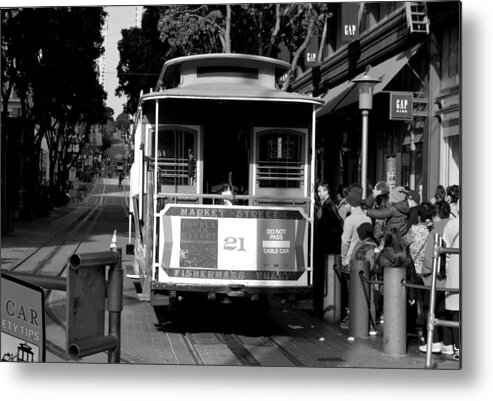 City Metal Print featuring the photograph San Francisco Trolly - Market Street - Black and White by Matt Quest