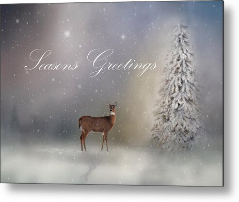 Seasons Greetings Metal Print featuring the photograph Seasons Greetings With Deer by Ann Bridges