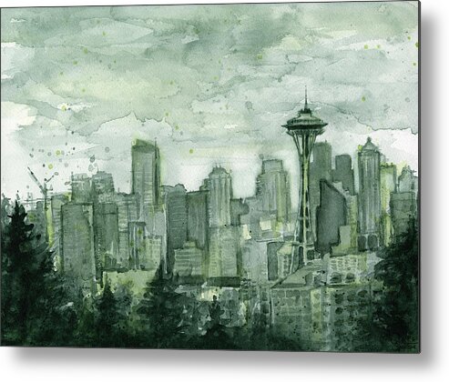 Seattle Metal Print featuring the painting Seattle Skyline Watercolor Space Needle by Olga Shvartsur