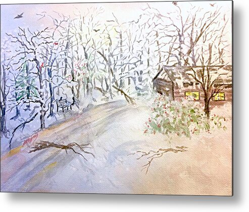 Secluded Cabin Metal Print featuring the painting Secluded Cabin in Winter by Ellen Levinson