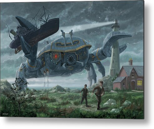 Crab Metal Print featuring the digital art Steampunk Giant Crab attacks Lighthouse by Martin Davey