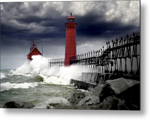 Art Metal Print featuring the photograph Storm at the Grand Haven Lighthouse by Randall Nyhof