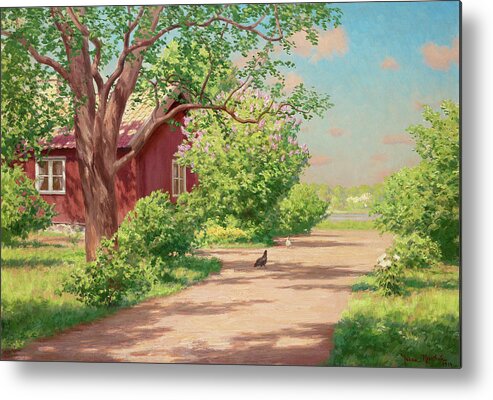 Johan Krouthen Metal Print featuring the painting Summer landscape with hens by Johan Krouthen