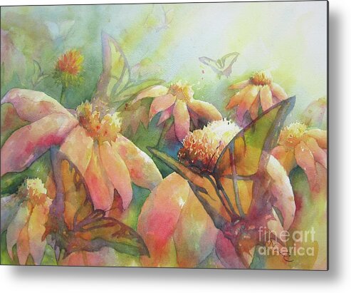 Nancy Charbeneau Metal Print featuring the painting Coneflowers and Swallowtails by Nancy Charbeneau