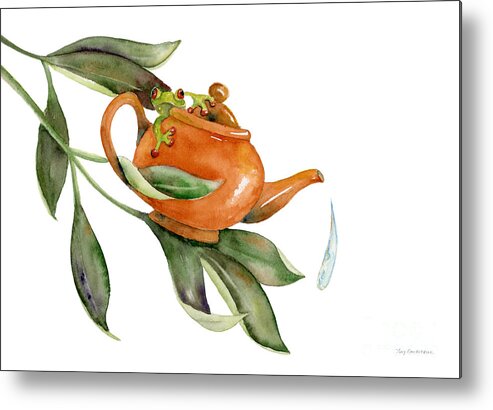 Frog Holding Teapot Metal Print featuring the painting Tea Frog by Amy Kirkpatrick