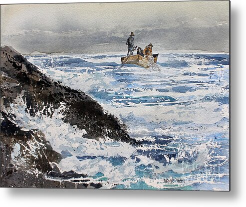 Three Fishermen In A Boat Are Using A Net To Catch Fish. A Rugged Shoreline Is Nearby. Metal Print featuring the painting Tending The Net by Monte Toon