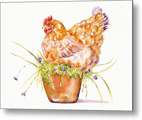 Hen Metal Print featuring the painting The Broody Hen by Debra Hall