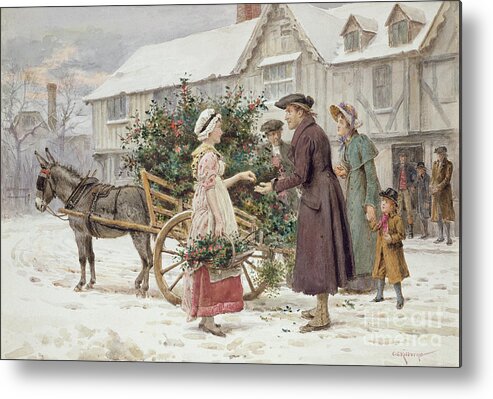 Christmas; Winter; Snow; Buying; Selling; Donkey Metal Print featuring the painting The Holly Cart by George Kilburne