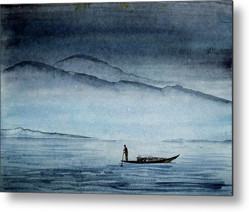 Boat Metal Print featuring the painting The lonely boat man by Asha Sudhaker Shenoy