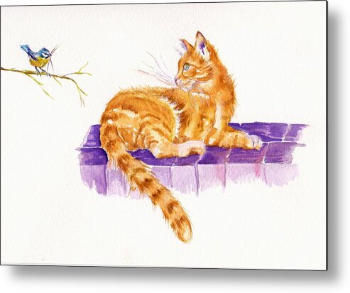 Blue Tit Metal Print featuring the painting Ginger Cat - The New Neighbour by Debra Hall