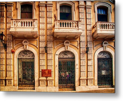 Balconies; Balcony; Street; Doors; San Juan; Puerto Rico; Stone Building Metal Print featuring the photograph Three Balconies by Mick Burkey
