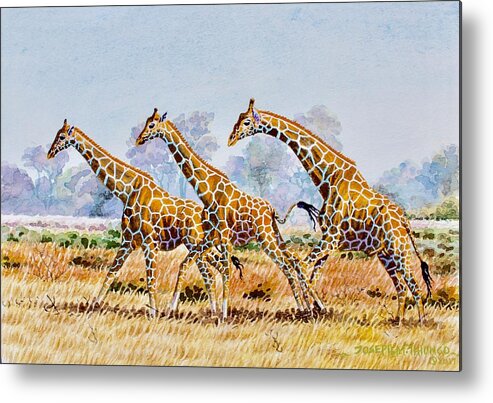 Africa Metal Print featuring the painting Three Giraffes by Joseph Thiongo
