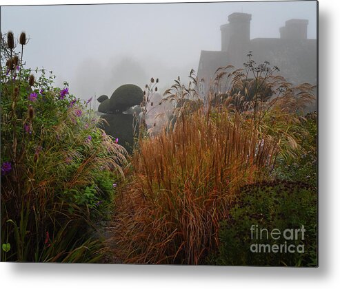 Topiary Metal Print featuring the photograph Topiary Peacocks in the Autumn Mist, Great Dixter 2 by Perry Rodriguez