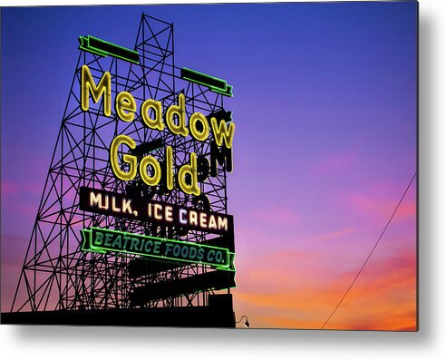 Tulsa Meadow Gold Neon Metal Print featuring the photograph Tulsa Meadow Gold Neon - Route 66 Photo Art by Gregory Ballos