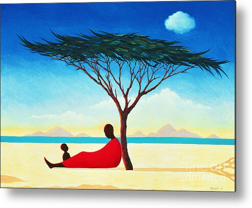 Landscape; Heat; Mother And Child; Resting; Negress; Shadow; Shade; Cloud; Peaceful; Calm; African; Africa; Afternoon; Woman; Blue Sky; Mountain; Mountains; Tree Metal Print featuring the painting Turkana Afternoon by Tilly Willis