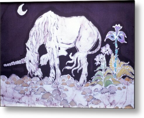 Unicorn Metal Print featuring the tapestry - textile Unicorn Pauses by Carol Law Conklin