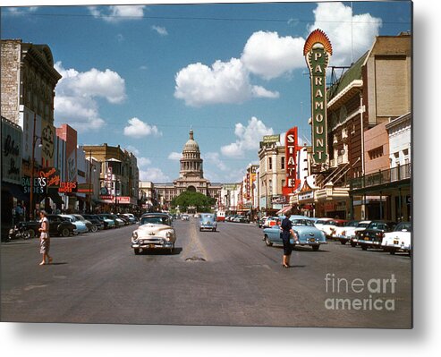 1954 Metal Print featuring the photograph Vintage view downtown Austin looking up Congress Avenue in front by Dan Herron