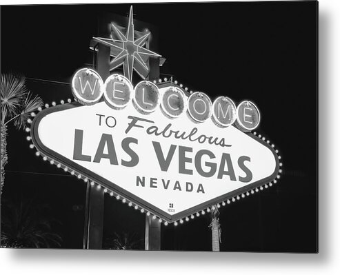 Las Vegas Sign Metal Print featuring the photograph Welcome to Las Vegas Neon Sign - Nevada USA - Black and White by Gregory Ballos