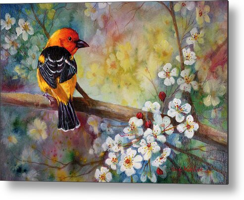Artwork Metal Print featuring the painting Western Tanager in Pear by Cynthia Westbrook