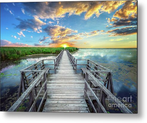 Blue Metal Print featuring the photograph Wetland Marsh Sunrise Treasure Coast Florida Boardwalk A1 by Ricardos Creations