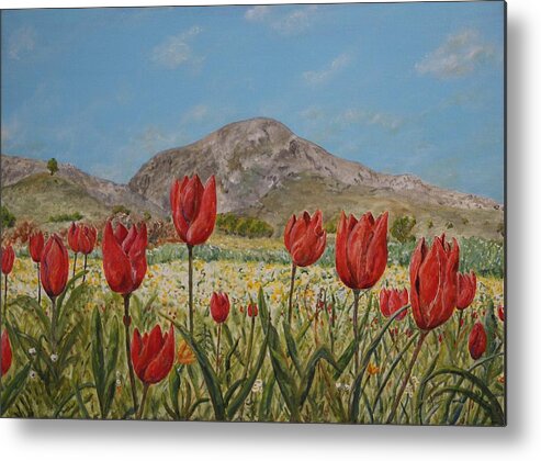 Crete Metal Print featuring the painting Wild Tulips in central Crete by David Capon