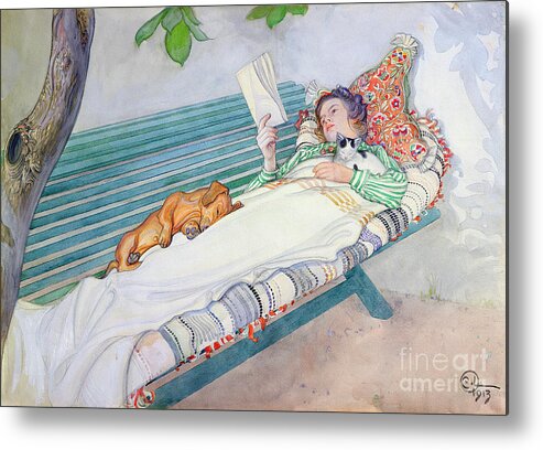 Woman Metal Print featuring the painting Woman Lying on a Bench by Carl Larsson