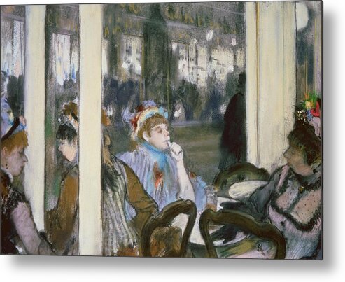 Women On A Cafe Terrace Metal Print featuring the pastel Women on a Cafe Terrace by Edgar Degas