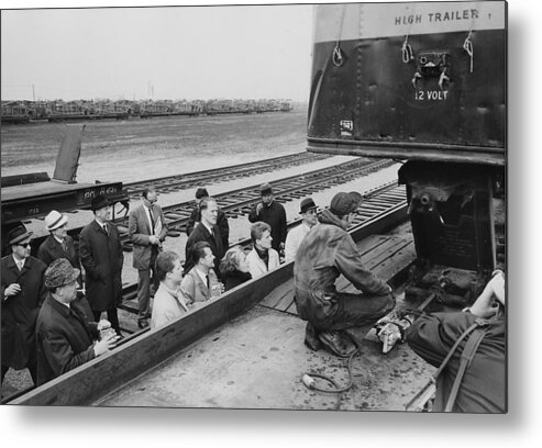 Freight Metal Print featuring the photograph Worker Unloads Trailer From Flat Rail Car by Chicago and North Western Historical Society