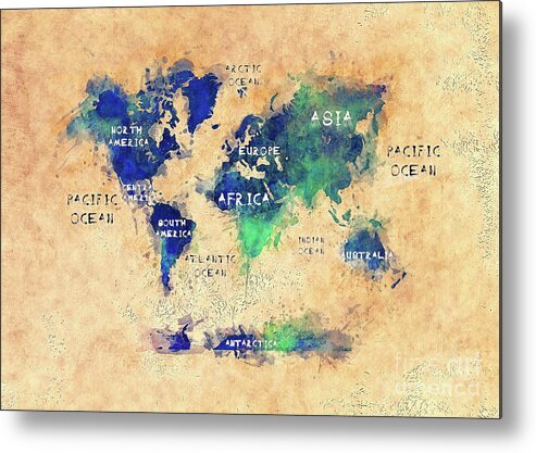 Map Of The World Metal Print featuring the digital art World Map Oceans And Continents Art by Justyna Jaszke JBJart