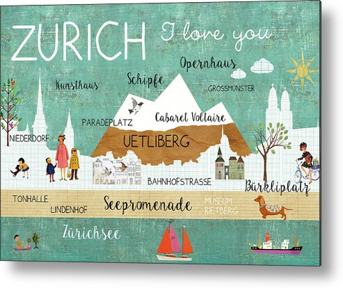 Zurich I Love You Metal Print featuring the mixed media Zurich I love you by Claudia Schoen