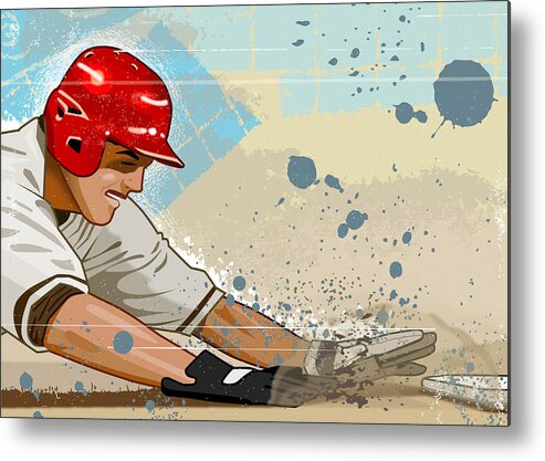 Sports Helmet Metal Print featuring the digital art Baseball Player Sliding Into Base #1 by Greg Paprocki
