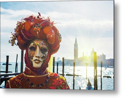 Headwear Metal Print featuring the photograph Carnival Mask In Venice Posing In San #1 by Buena Vista Images