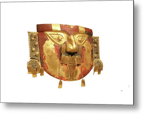 Museum Metal Print featuring the photograph Peruvian Funerary mask, hammered gold from Peru , 9th - 11th cen #1 by Steve Estvanik