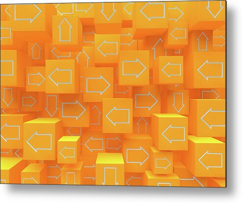 3 D Metal Print featuring the photograph Heap Of Cubes With Arrows Pointing #2 by Ikon Images