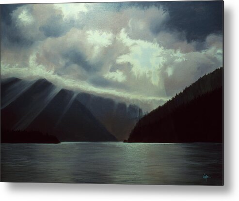 Light Coming Down In Shafts On Placid Lake By Mountains Metal Print featuring the painting 75 by Thomas Linker