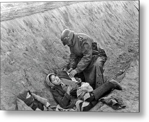 Girl Metal Print featuring the painting A rare moment of compassion is shown at the Battle of Stalingrad A German soldier tends to a wounde by Celestial Images